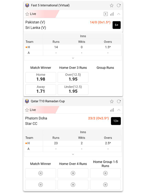 Live cricket betting form with odds