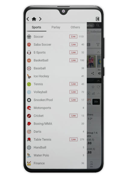 Vertically standing android phone with an open 12bet application which displays a list of sports